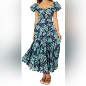 Free People Sundrenched Floral Cotton Tiered Maxi Dress in Emerald size small